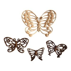 Vintage Homco Home Faux Wicker Rattan Wood 70s Set of 4 Butterflies Wall Décor